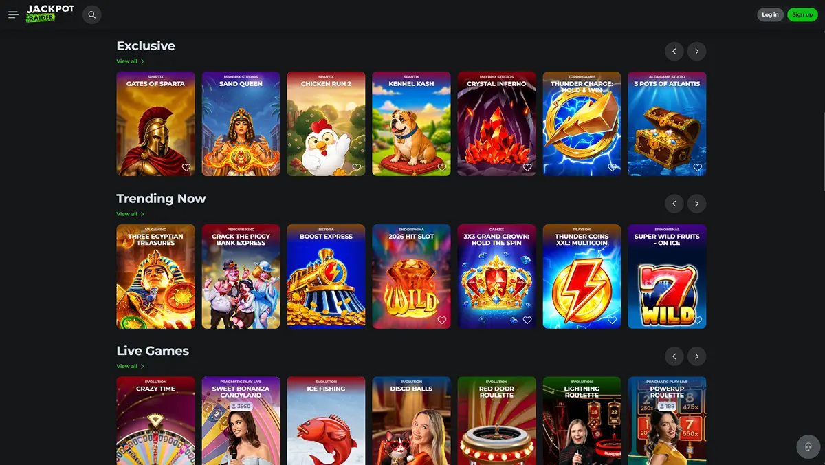 Current JackpotRaider homepage showing casino navigation and game categories