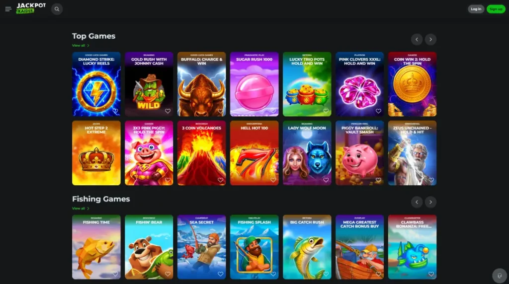 JackpotRaider game lobby with category navigation and multiple game tiles