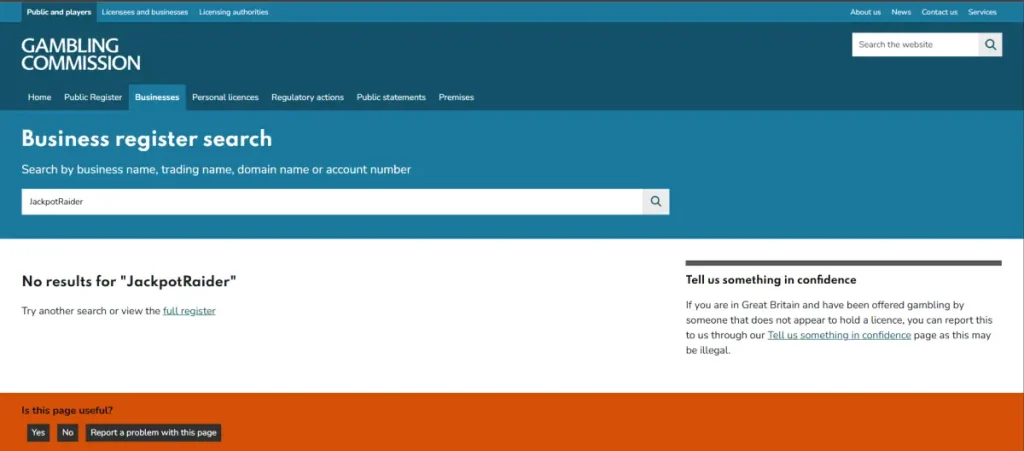 UK Gambling Commission business register used to check JackpotRaider licensing status