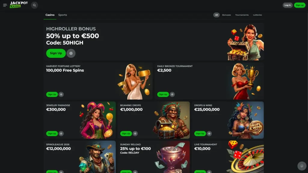 JackpotRaider promotions page showing the current casino bonus cards