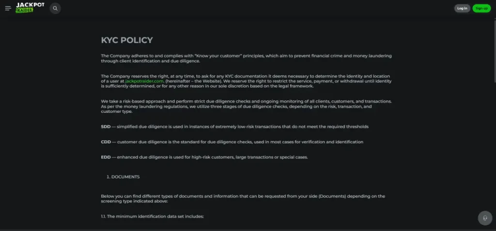 JackpotRaider registration or KYC verification screen