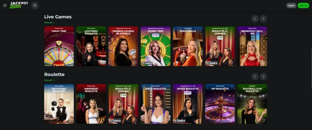 Current JackpotRaider live casino lobby showing dealer-led game categories and tables