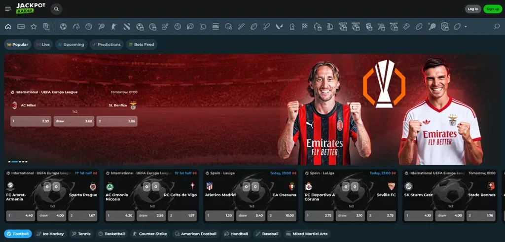Current JackpotRaider sportsbook interface showing sports and market navigation
