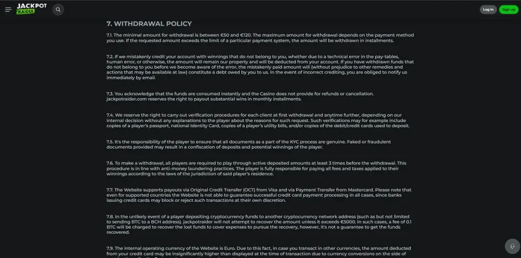 JackpotRaider official withdrawal terms or cashier screen showing current cashout rules